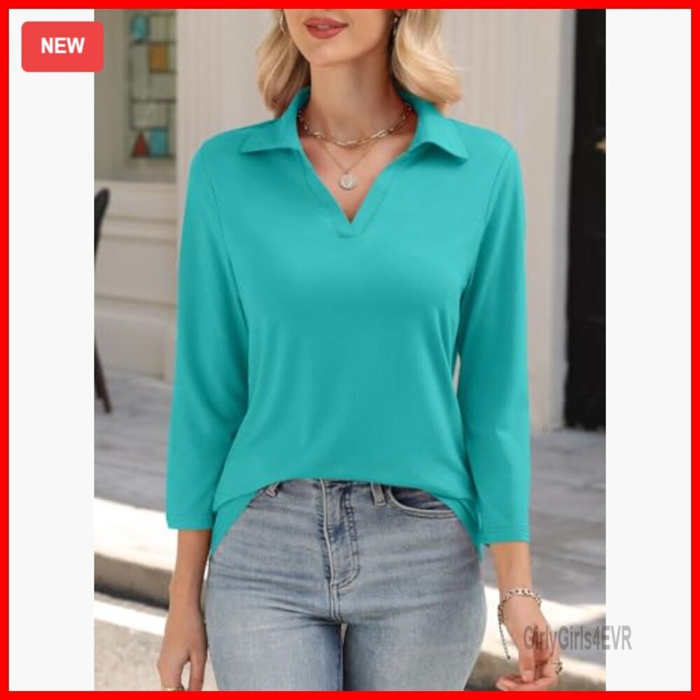 3/4 Sleeve V-Neck Polo Top Business Casual Loose Fit - Picture 4 of 7